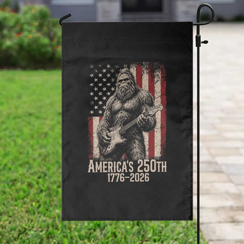 Americas 250th Anniversary 1776-2026 Bigfoot Rock Star Garden Flag Playing Electric Guitar Distressed American Flag Graphic