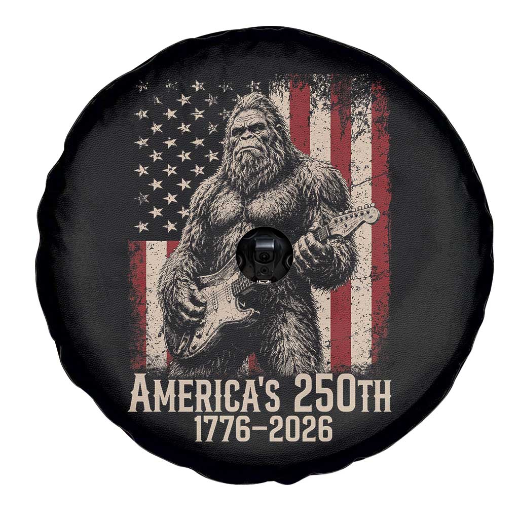 Americas 250th Anniversary 1776-2026 Bigfoot Rock Star Spare Tire Cover Playing Electric Guitar Distressed American Flag Graphic