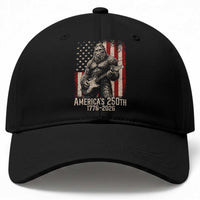 Americas 250th Anniversary 1776-2026 Bigfoot Rock Star Baseball Cap Playing Electric Guitar Distressed American Flag Graphic