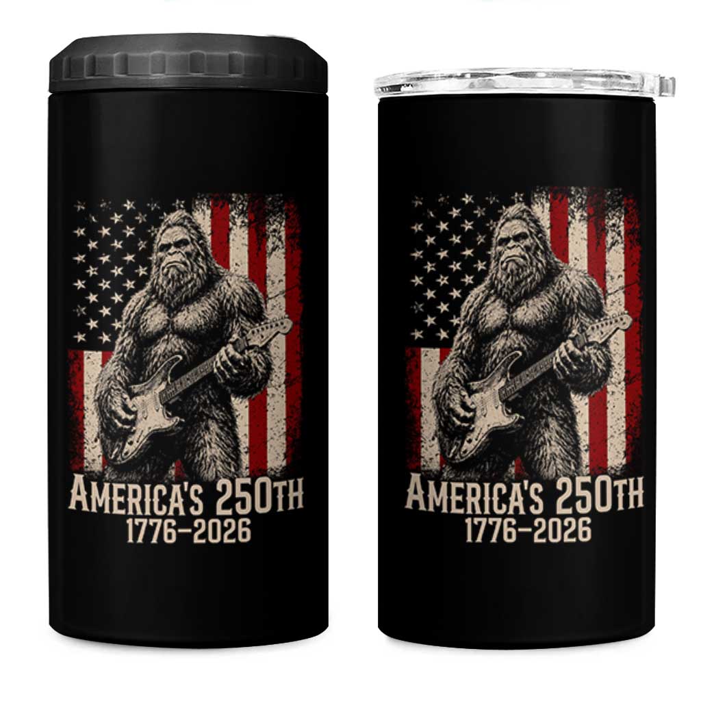 Americas 250th Anniversary 1776-2026 Bigfoot Rock Star 4 in 1 Can Cooler Tumbler Playing Electric Guitar Distressed American Flag Graphic