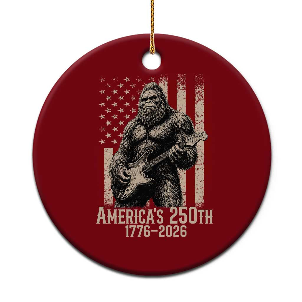 Americas 250th Anniversary 1776-2026 Bigfoot Rock Star Ceramic Ornament Playing Electric Guitar Distressed American Flag Graphic