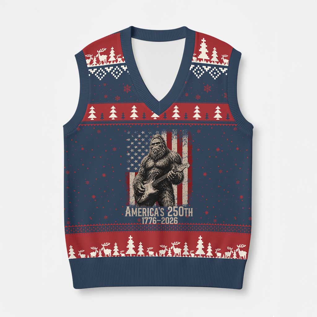 Americas 250th Anniversary 1776-2026 Bigfoot Rock Star V-Neck Knit Sweater Vest Playing Electric Guitar Distressed American Flag Graphic