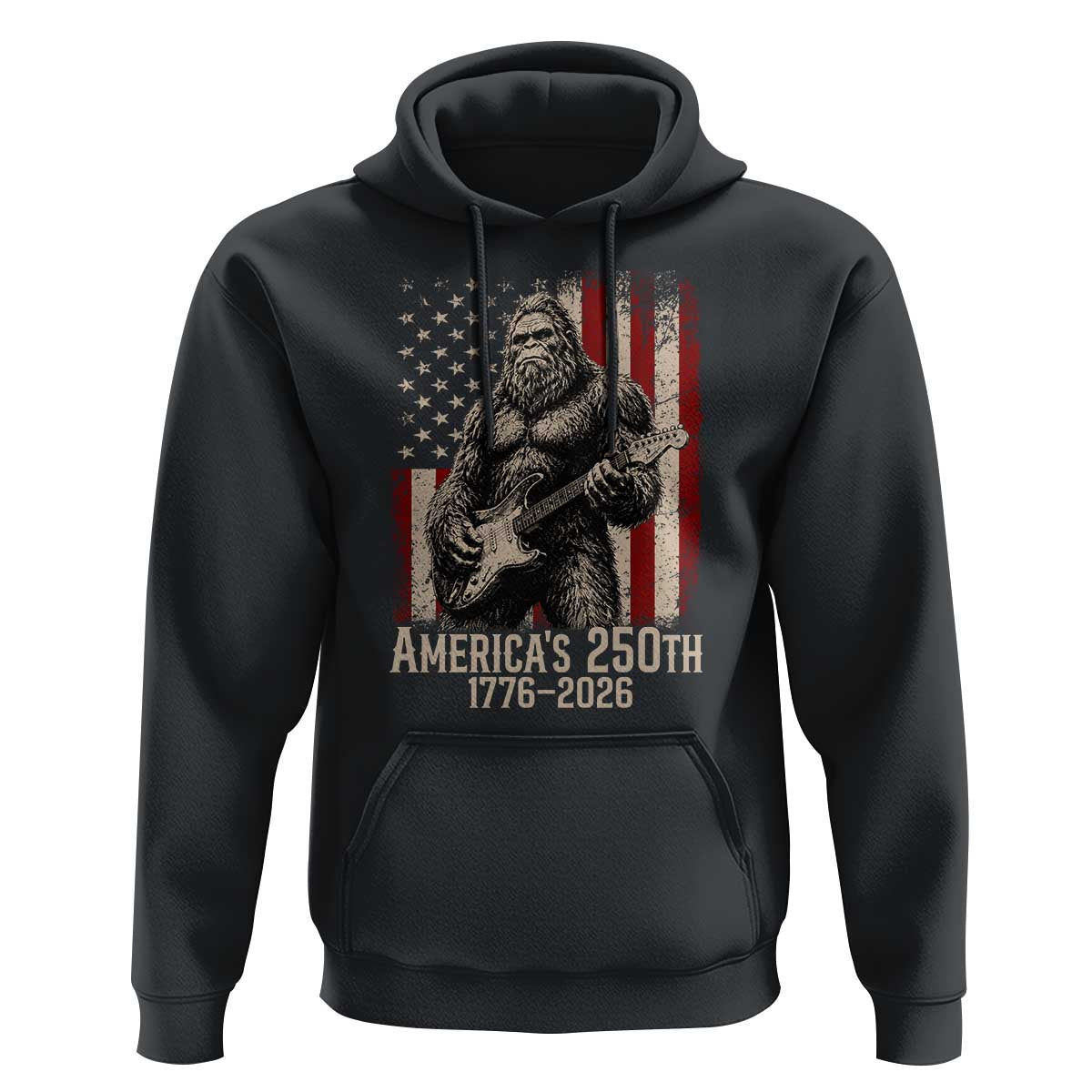Americas 250th Anniversary 1776-2026 Bigfoot Rock Star Hoodie Playing Electric Guitar Distressed American Flag Graphic