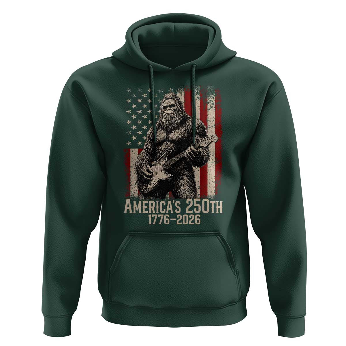 Americas 250th Anniversary 1776-2026 Bigfoot Rock Star Hoodie Playing Electric Guitar Distressed American Flag Graphic