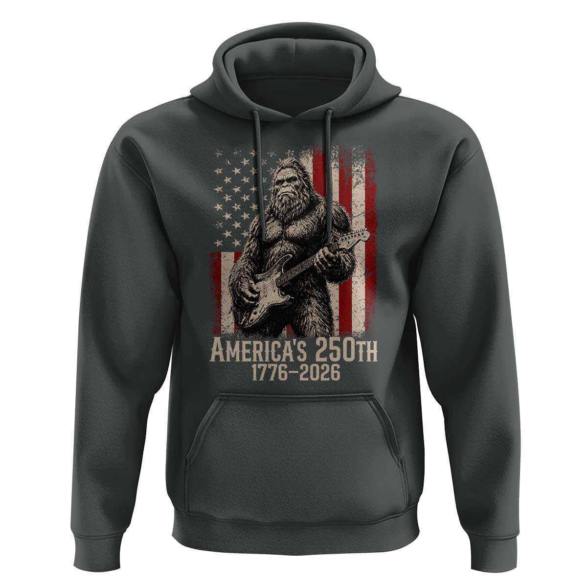 Americas 250th Anniversary 1776-2026 Bigfoot Rock Star Hoodie Playing Electric Guitar Distressed American Flag Graphic