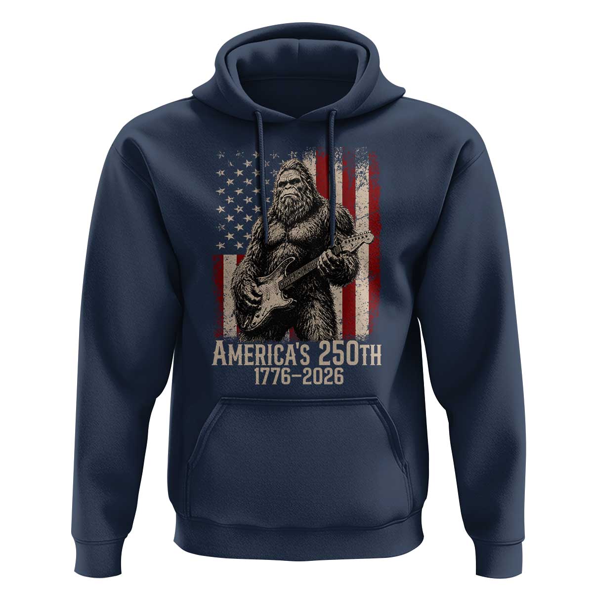 Americas 250th Anniversary 1776-2026 Bigfoot Rock Star Hoodie Playing Electric Guitar Distressed American Flag Graphic