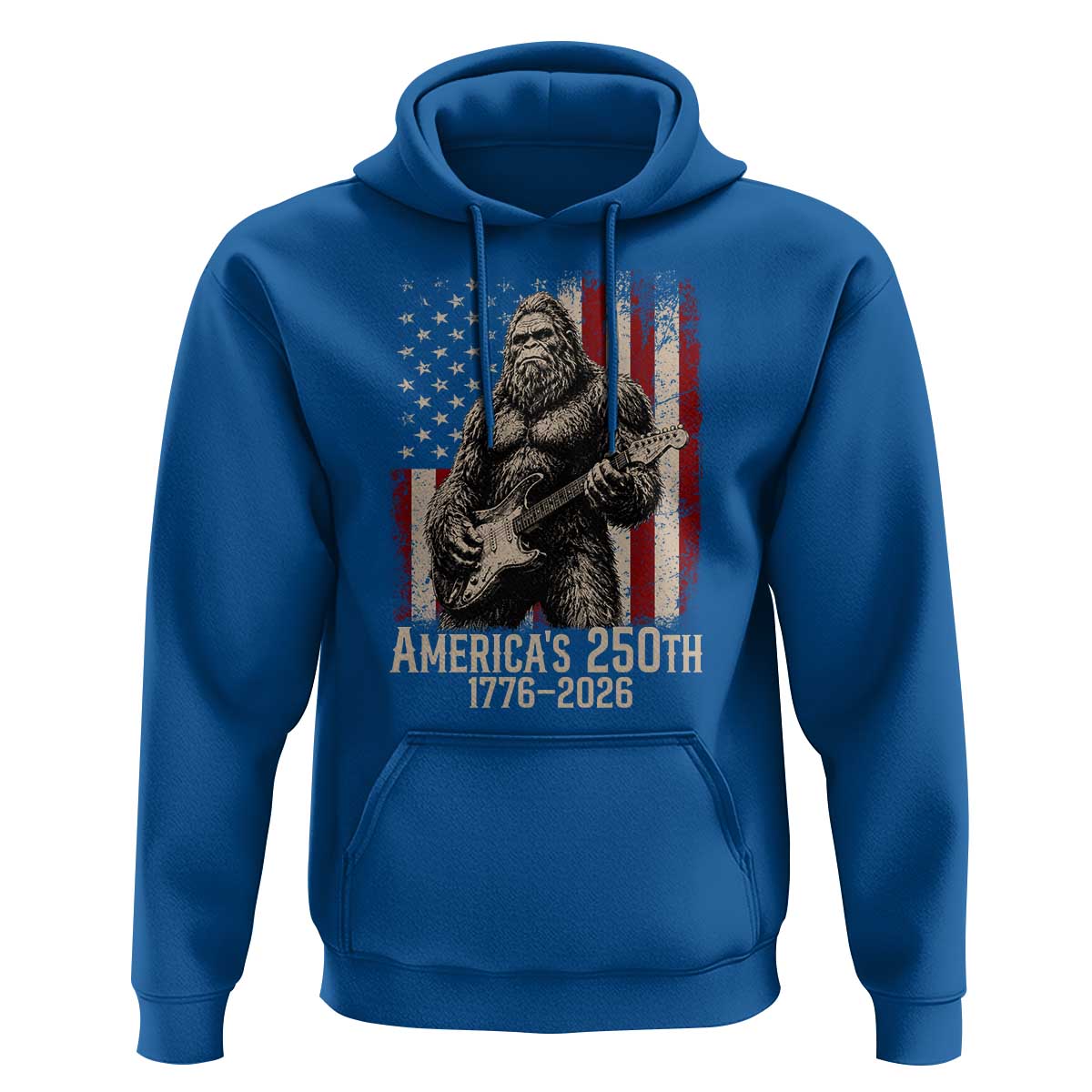 Americas 250th Anniversary 1776-2026 Bigfoot Rock Star Hoodie Playing Electric Guitar Distressed American Flag Graphic