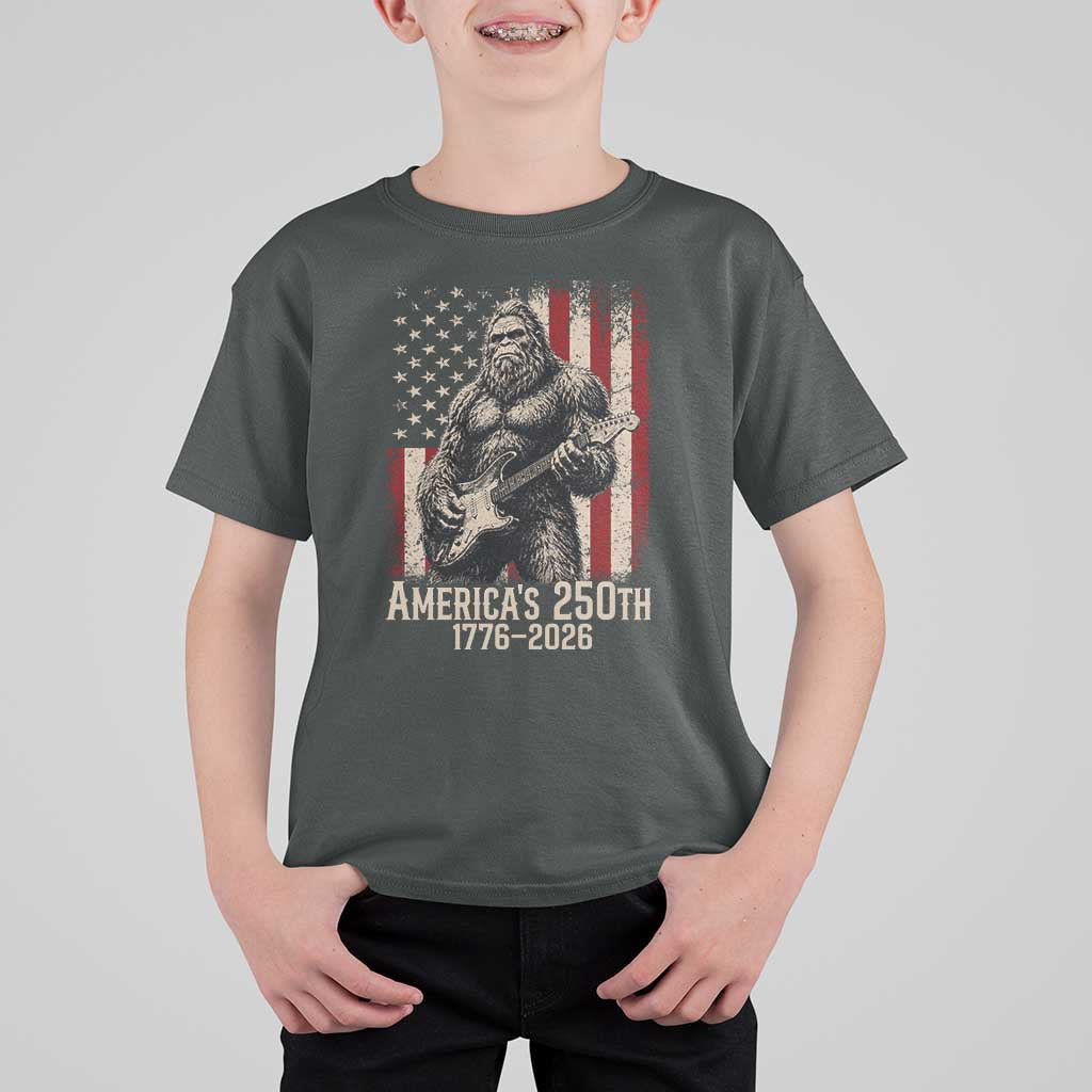 Americas 250th Anniversary 1776-2026 Bigfoot Rock Star T Shirt For Kid Playing Electric Guitar Distressed American Flag Graphic