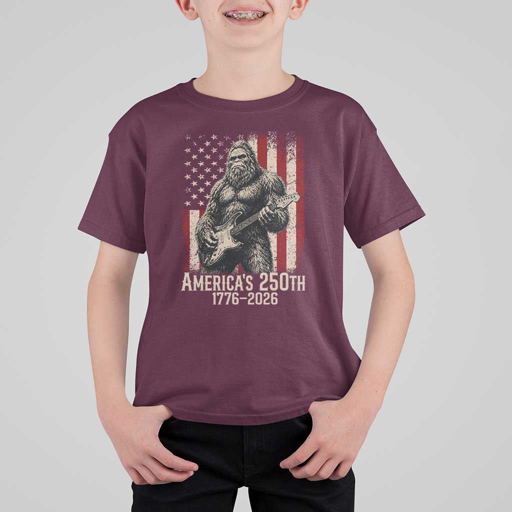 Americas 250th Anniversary 1776-2026 Bigfoot Rock Star T Shirt For Kid Playing Electric Guitar Distressed American Flag Graphic