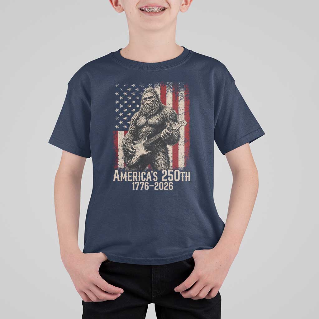 Americas 250th Anniversary 1776-2026 Bigfoot Rock Star T Shirt For Kid Playing Electric Guitar Distressed American Flag Graphic