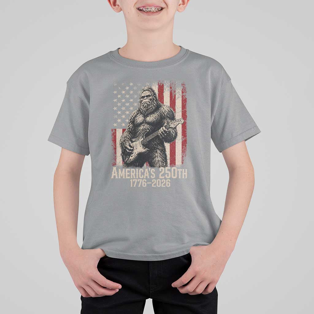 Americas 250th Anniversary 1776-2026 Bigfoot Rock Star T Shirt For Kid Playing Electric Guitar Distressed American Flag Graphic