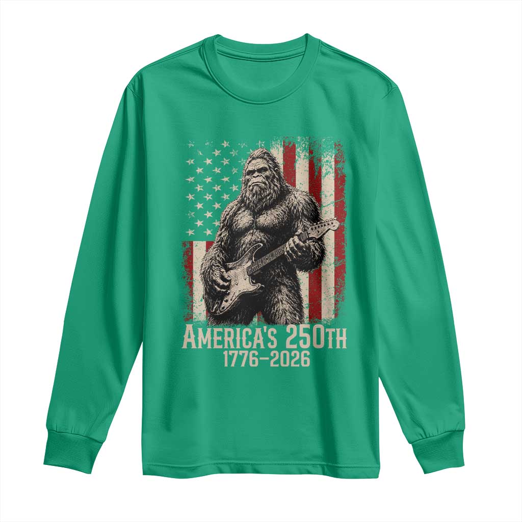 Americas 250th Anniversary 1776-2026 Bigfoot Rock Star Long Sleeve Shirt Playing Electric Guitar Distressed American Flag Graphic