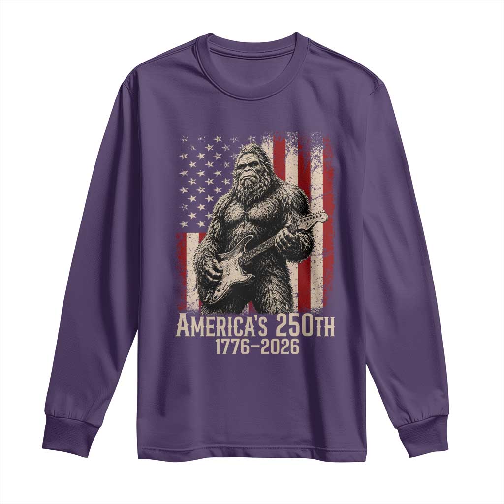 Americas 250th Anniversary 1776-2026 Bigfoot Rock Star Long Sleeve Shirt Playing Electric Guitar Distressed American Flag Graphic