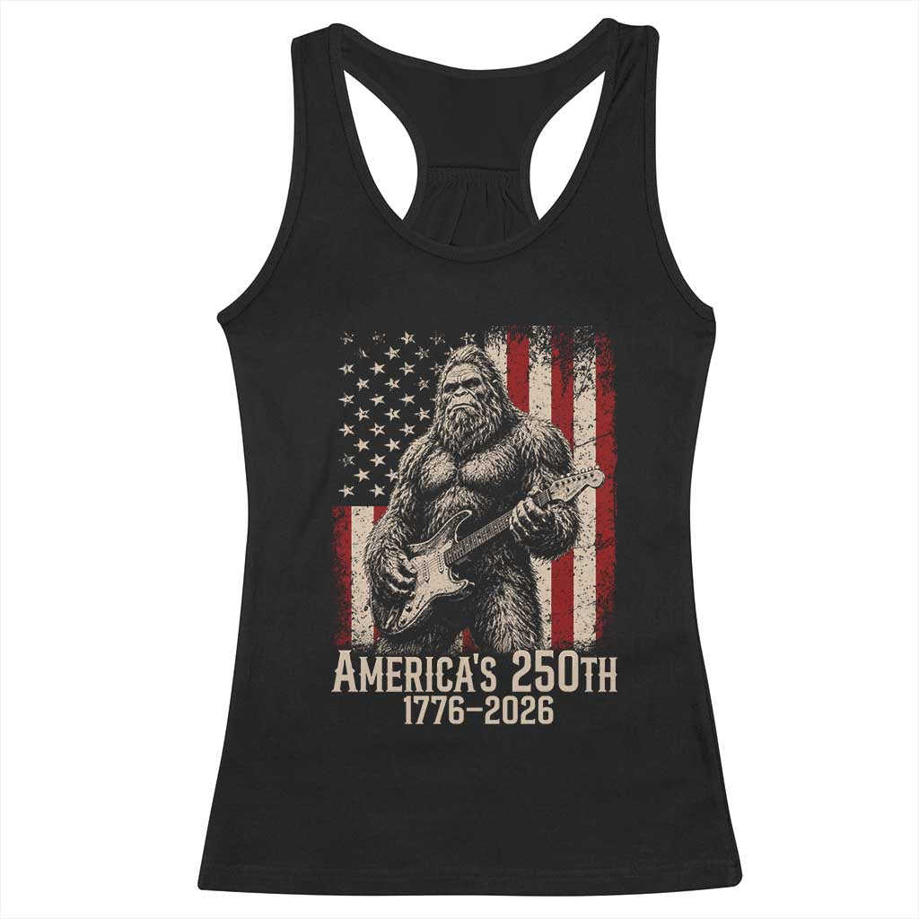 Americas 250th Anniversary 1776-2026 Bigfoot Rock Star Racerback Tank Top Playing Electric Guitar Distressed American Flag Graphic