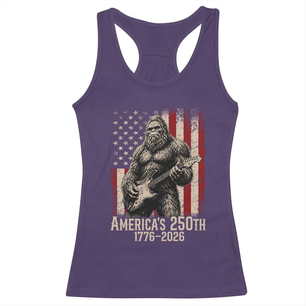 Americas 250th Anniversary 1776-2026 Bigfoot Rock Star Racerback Tank Top Playing Electric Guitar Distressed American Flag Graphic