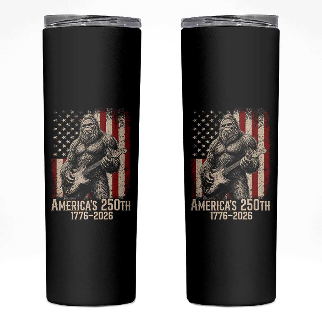 Americas 250th Anniversary 1776-2026 Bigfoot Rock Star Skinny Tumbler Playing Electric Guitar Distressed American Flag Graphic