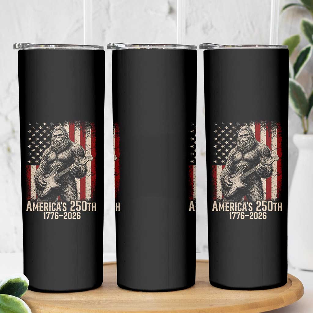 Americas 250th Anniversary 1776-2026 Bigfoot Rock Star Skinny Tumbler Playing Electric Guitar Distressed American Flag Graphic
