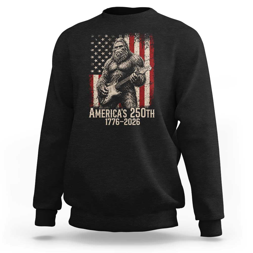 Americas 250th Anniversary 1776-2026 Bigfoot Rock Star Sweatshirt Playing Electric Guitar Distressed American Flag Graphic