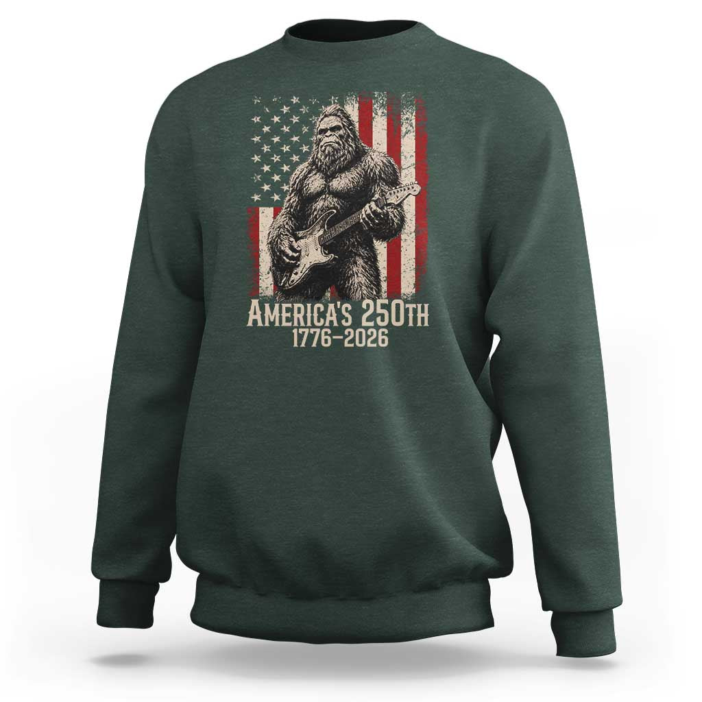 Americas 250th Anniversary 1776-2026 Bigfoot Rock Star Sweatshirt Playing Electric Guitar Distressed American Flag Graphic