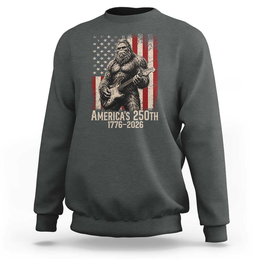 Americas 250th Anniversary 1776-2026 Bigfoot Rock Star Sweatshirt Playing Electric Guitar Distressed American Flag Graphic