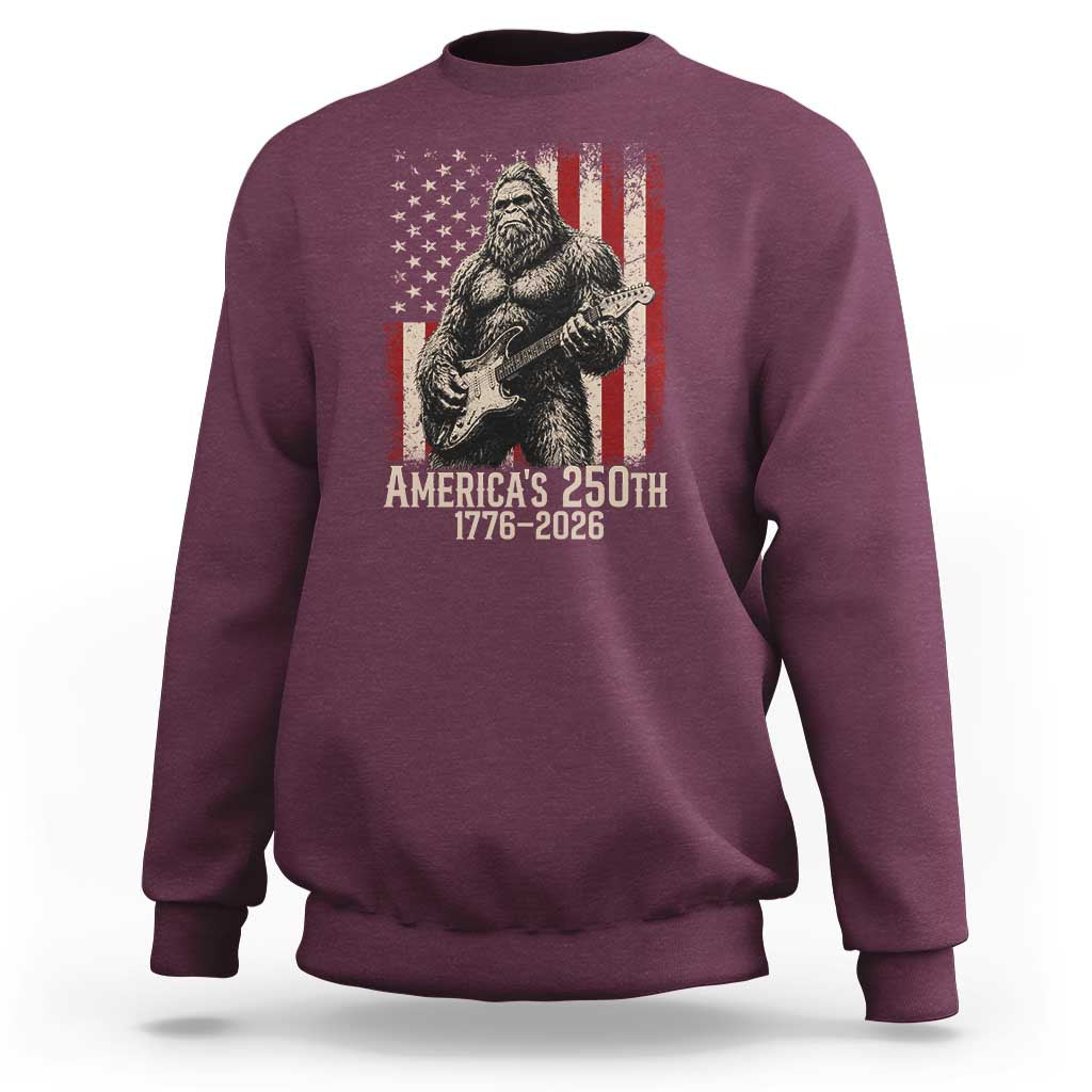 Americas 250th Anniversary 1776-2026 Bigfoot Rock Star Sweatshirt Playing Electric Guitar Distressed American Flag Graphic