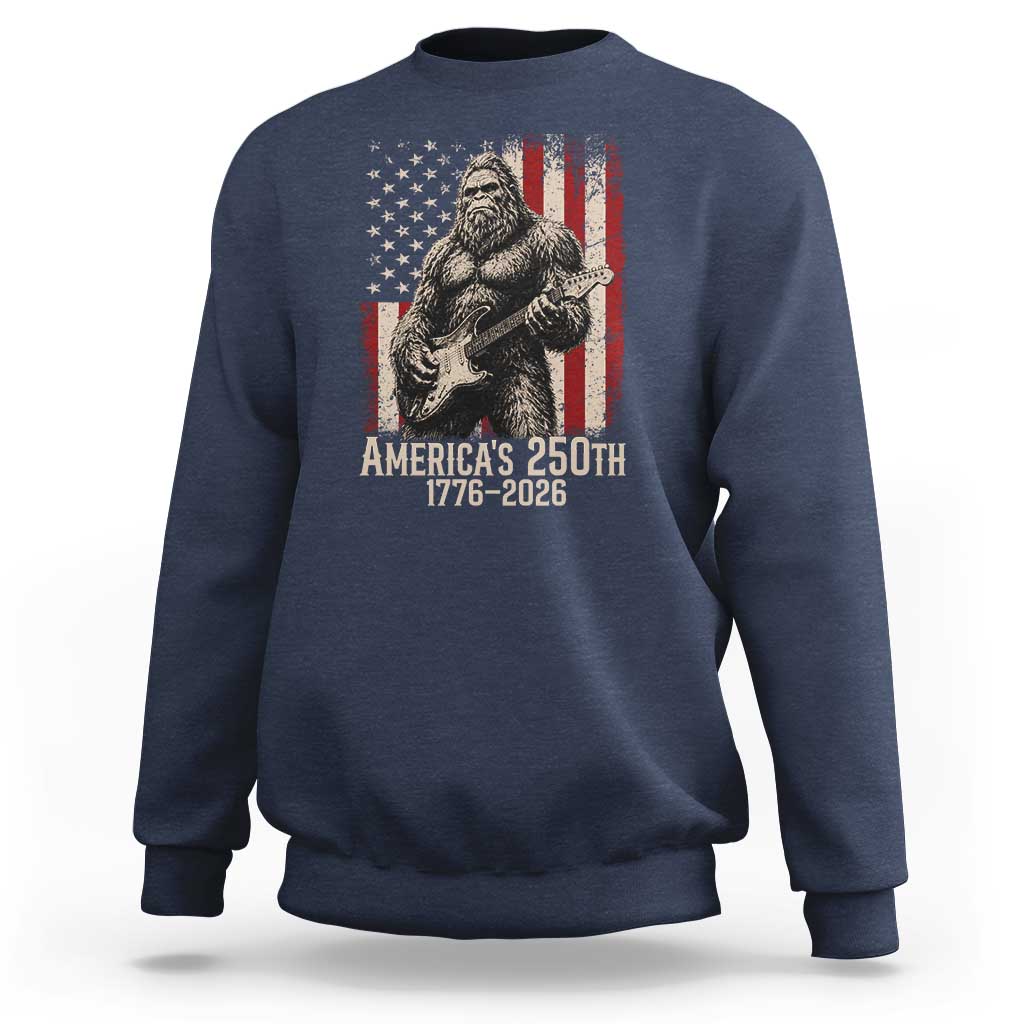 Americas 250th Anniversary 1776-2026 Bigfoot Rock Star Sweatshirt Playing Electric Guitar Distressed American Flag Graphic