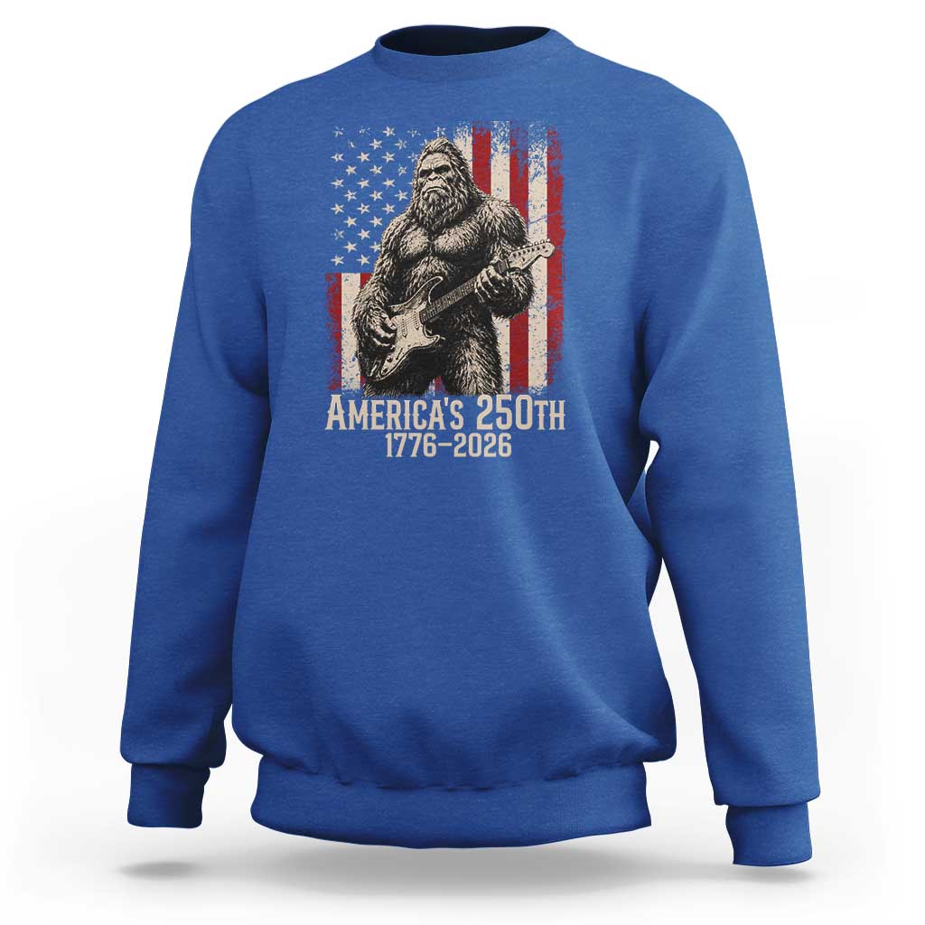 Americas 250th Anniversary 1776-2026 Bigfoot Rock Star Sweatshirt Playing Electric Guitar Distressed American Flag Graphic