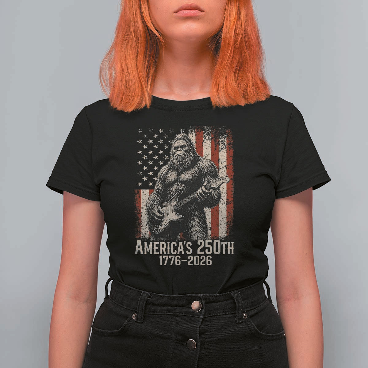 Americas 250th Anniversary 1776-2026 Bigfoot Rock Star T Shirt For Women Playing Electric Guitar Distressed American Flag Graphic