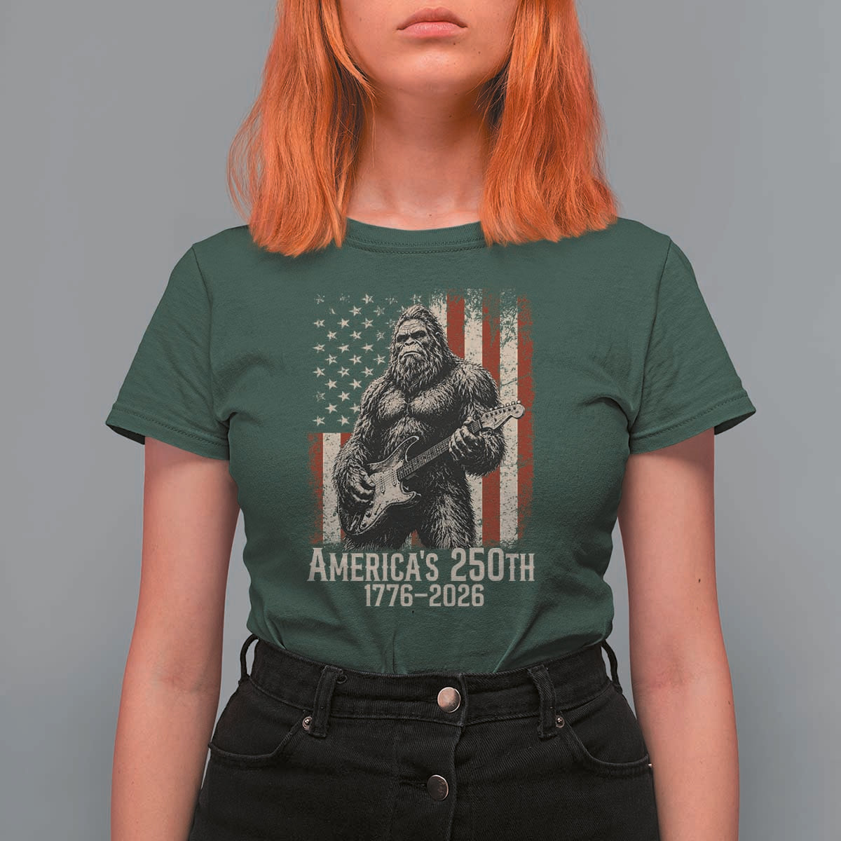 Americas 250th Anniversary 1776-2026 Bigfoot Rock Star T Shirt For Women Playing Electric Guitar Distressed American Flag Graphic