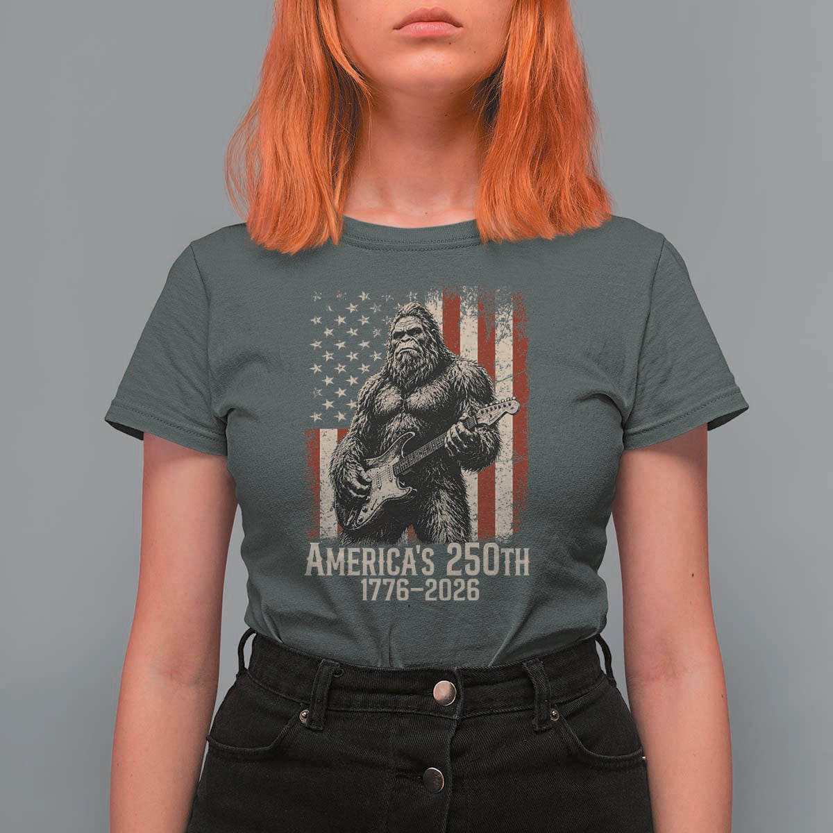 Americas 250th Anniversary 1776-2026 Bigfoot Rock Star T Shirt For Women Playing Electric Guitar Distressed American Flag Graphic