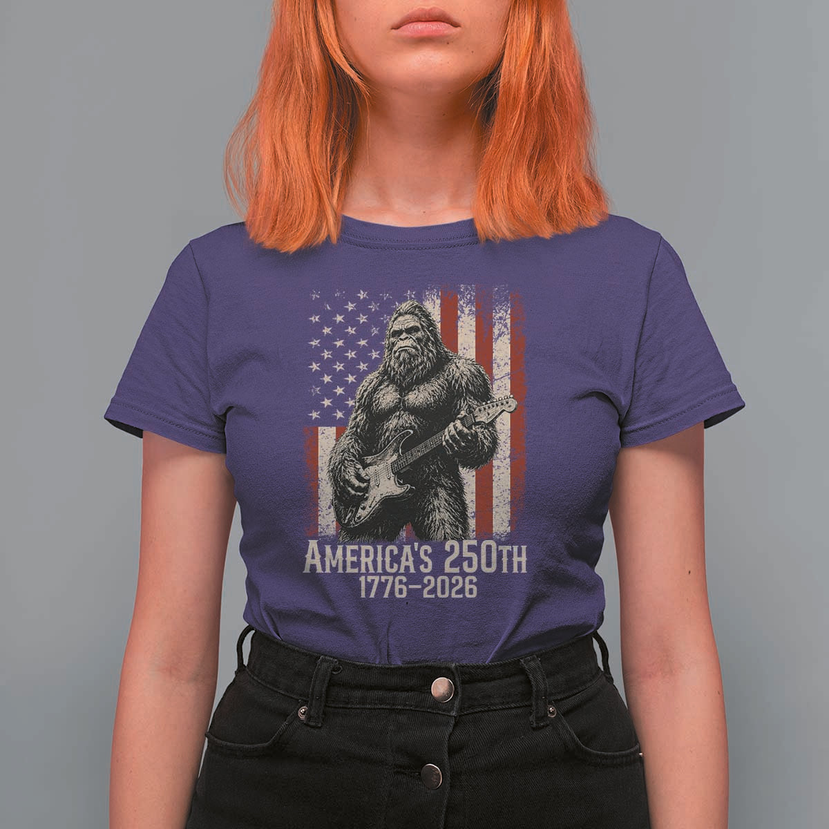Americas 250th Anniversary 1776-2026 Bigfoot Rock Star T Shirt For Women Playing Electric Guitar Distressed American Flag Graphic