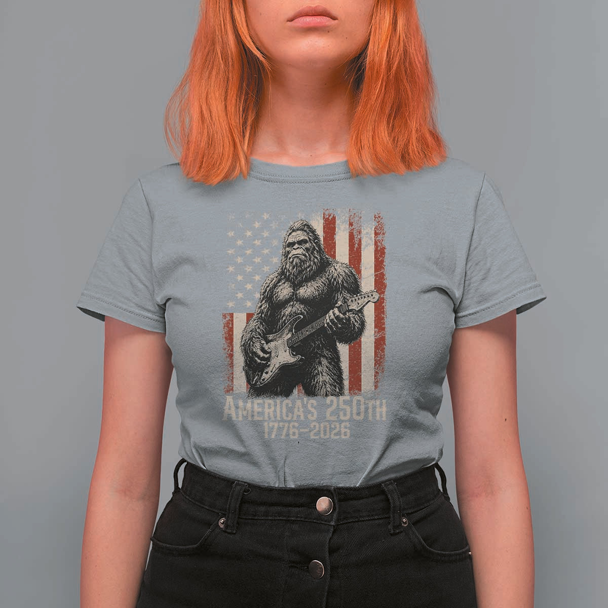 Americas 250th Anniversary 1776-2026 Bigfoot Rock Star T Shirt For Women Playing Electric Guitar Distressed American Flag Graphic