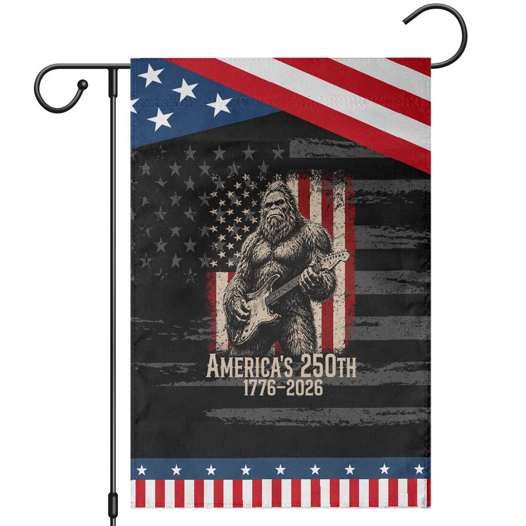 Americas 250th Anniversary 1776-2026 Bigfoot Rock Star Patriotic Garden Flag Playing Electric Guitar Distressed American Flag Graphic