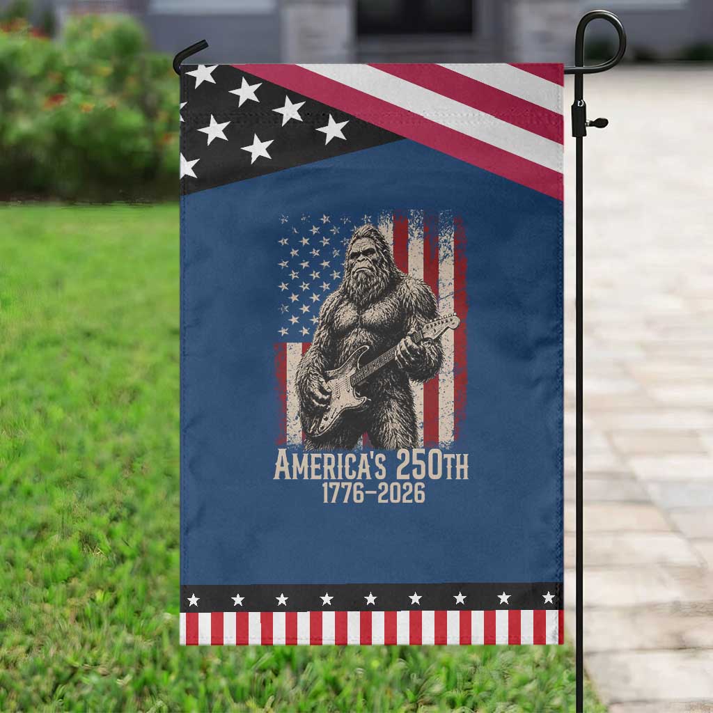 Americas 250th Anniversary 1776-2026 Bigfoot Rock Star Patriotic Garden Flag Playing Electric Guitar Distressed American Flag Graphic