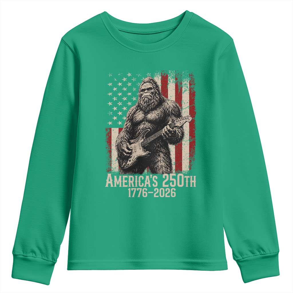Americas 250th Anniversary 1776-2026 Bigfoot Rock Star Youth Sweatshirt Playing Electric Guitar Distressed American Flag Graphic