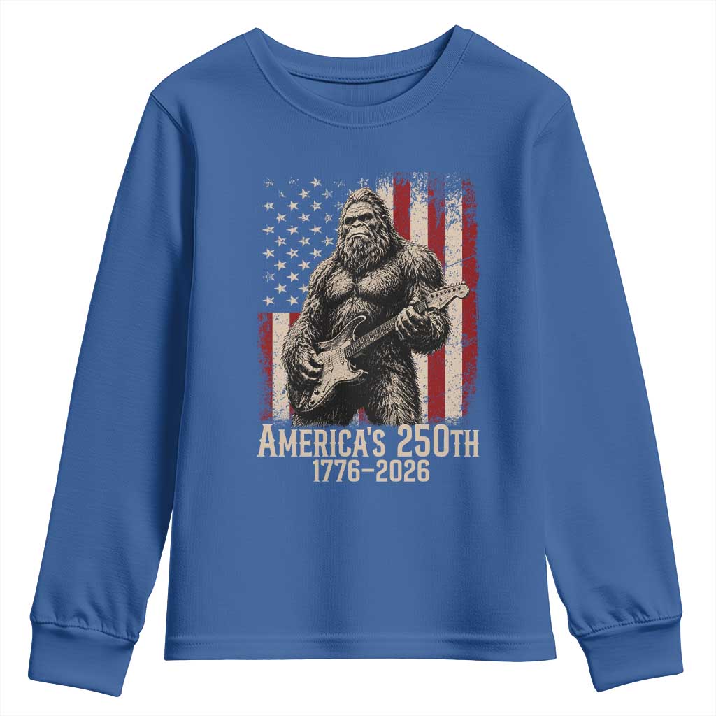 Americas 250th Anniversary 1776-2026 Bigfoot Rock Star Youth Sweatshirt Playing Electric Guitar Distressed American Flag Graphic