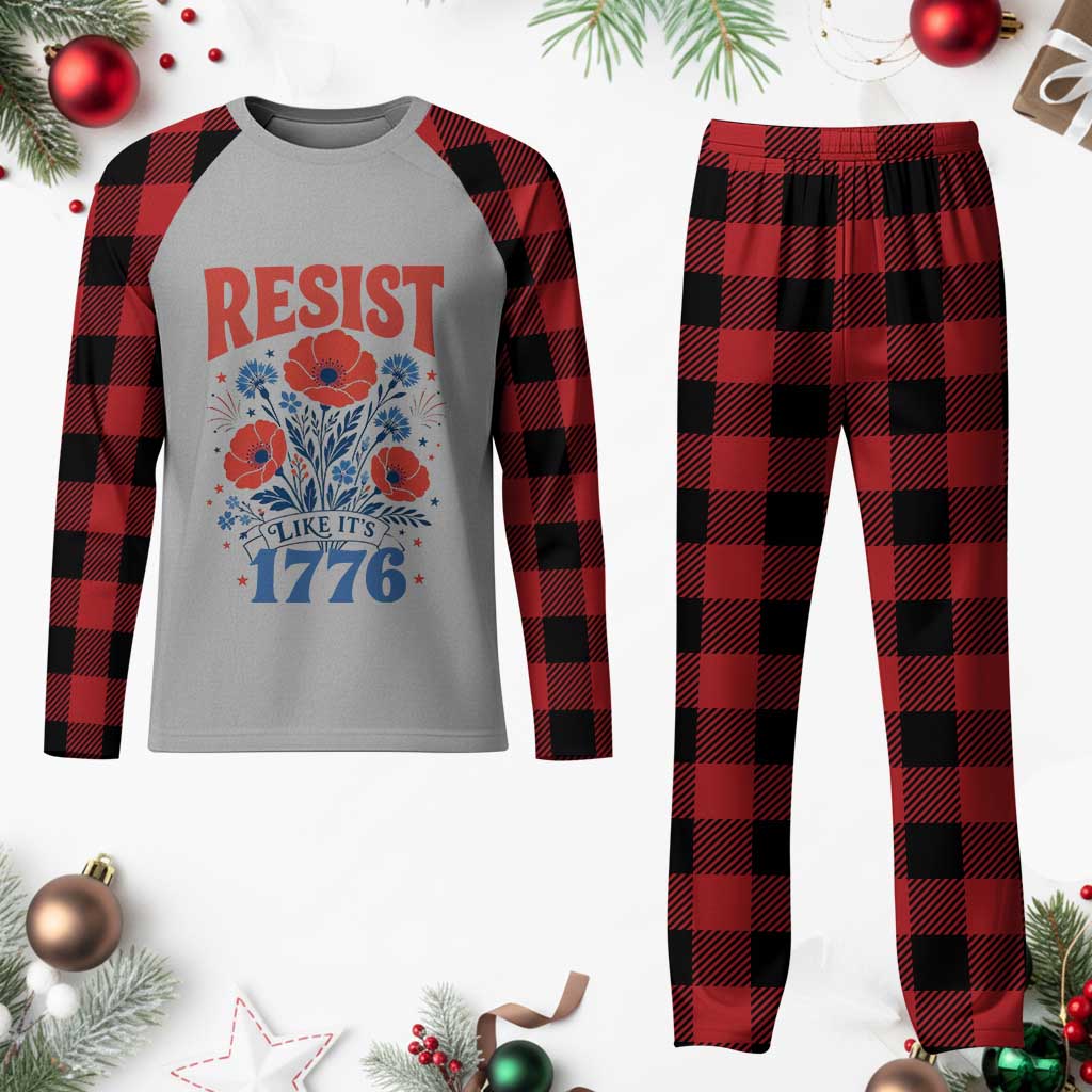 Resist Like Its 1776 Folk Art Floral Botanical Graphic Plaid Pajama Set Patriotic Statement Political Satire