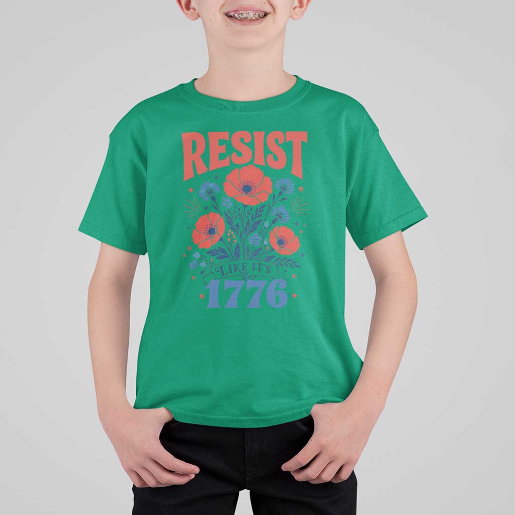 Resist Like Its 1776 Folk Art Floral Botanical Graphic T Shirt For Kid Patriotic Statement Political Satire