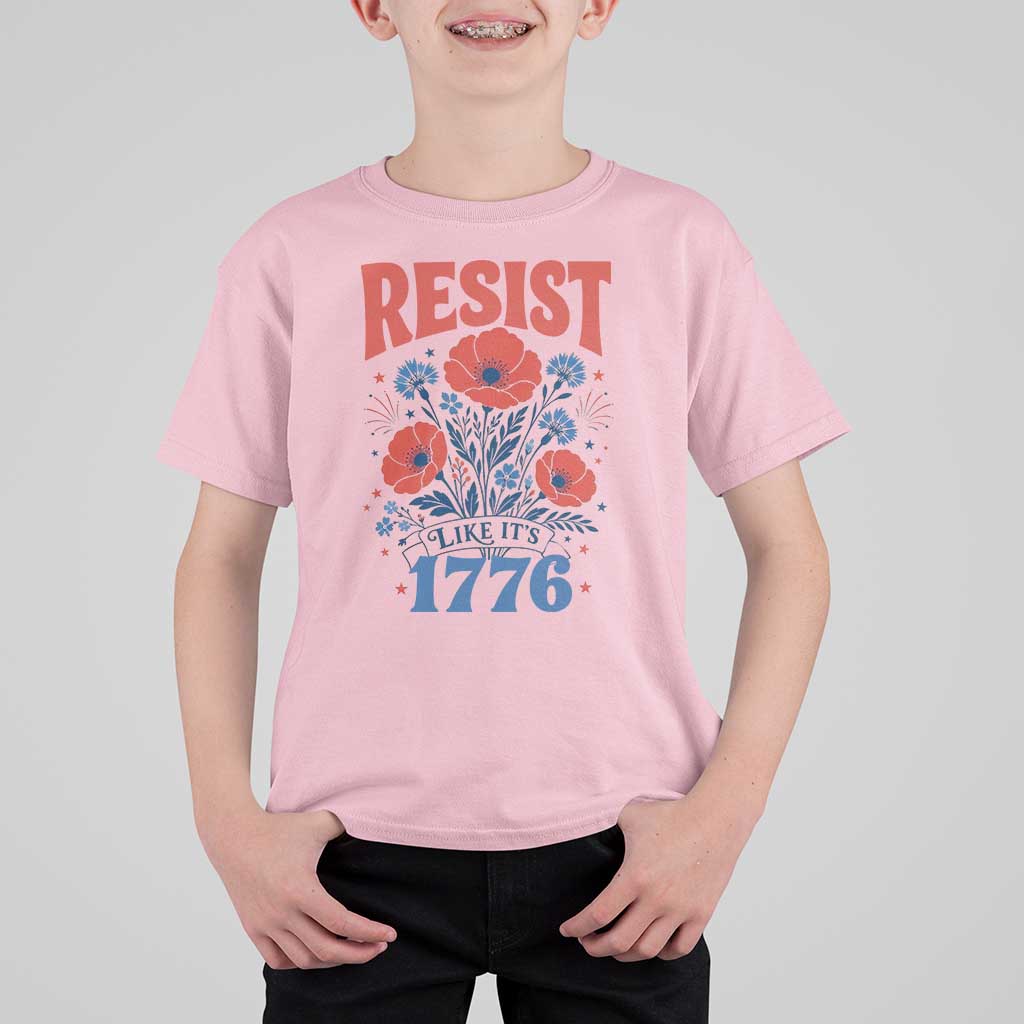 Resist Like Its 1776 Folk Art Floral Botanical Graphic T Shirt For Kid Patriotic Statement Political Satire