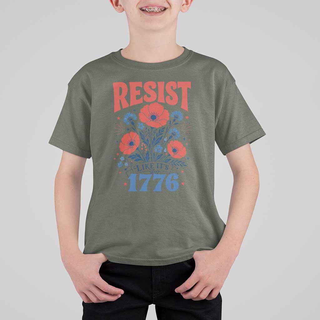 Resist Like Its 1776 Folk Art Floral Botanical Graphic T Shirt For Kid Patriotic Statement Political Satire