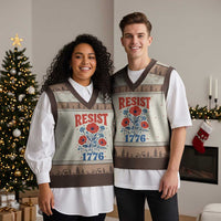 Resist Like Its 1776 Folk Art Floral Botanical Graphic V-Neck Knit Sweater Vest Patriotic Statement Political Satire