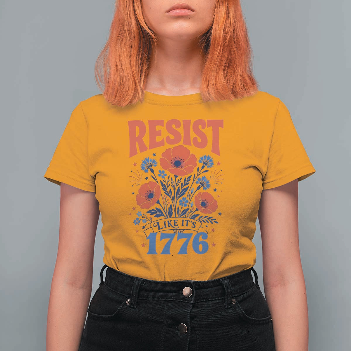 Resist Like Its 1776 Folk Art Floral Botanical Graphic T Shirt For Women Patriotic Statement Political Satire