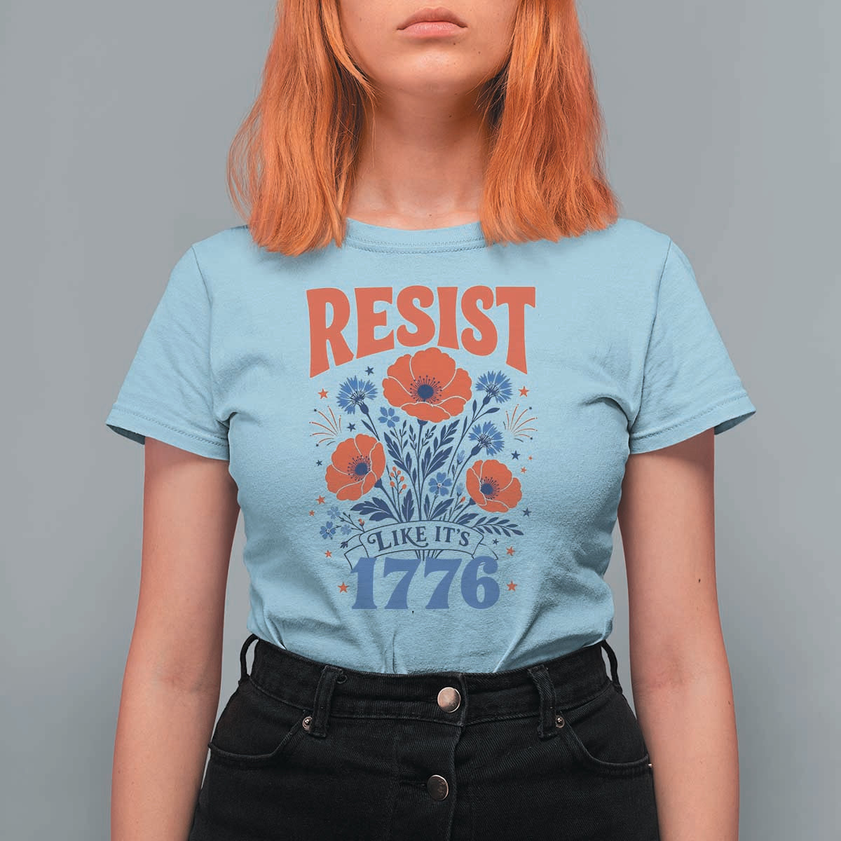 Resist Like Its 1776 Folk Art Floral Botanical Graphic T Shirt For Women Patriotic Statement Political Satire