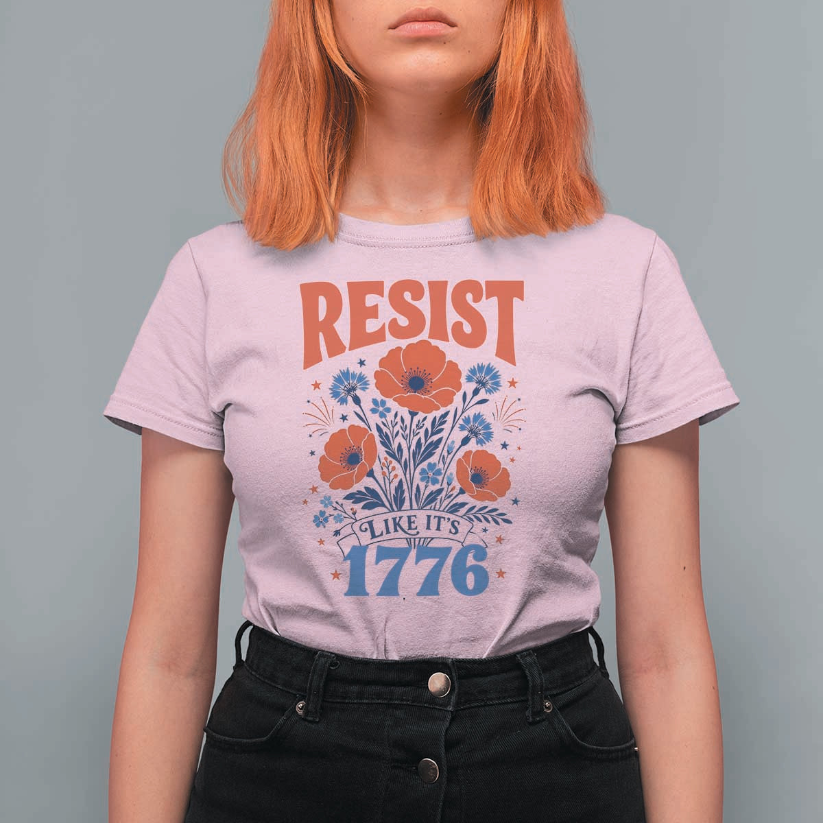 Resist Like Its 1776 Folk Art Floral Botanical Graphic T Shirt For Women Patriotic Statement Political Satire