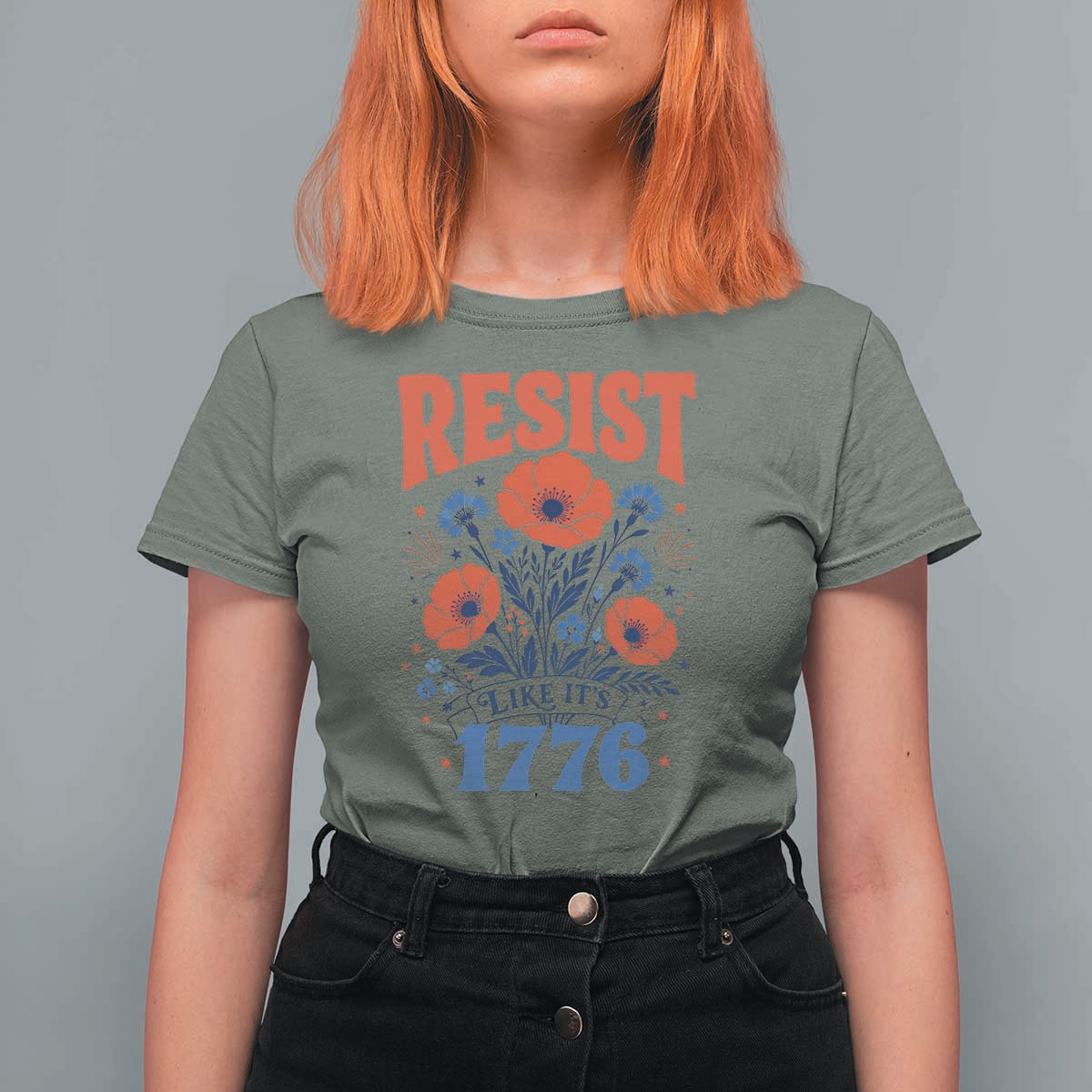 Resist Like Its 1776 Folk Art Floral Botanical Graphic T Shirt For Women Patriotic Statement Political Satire