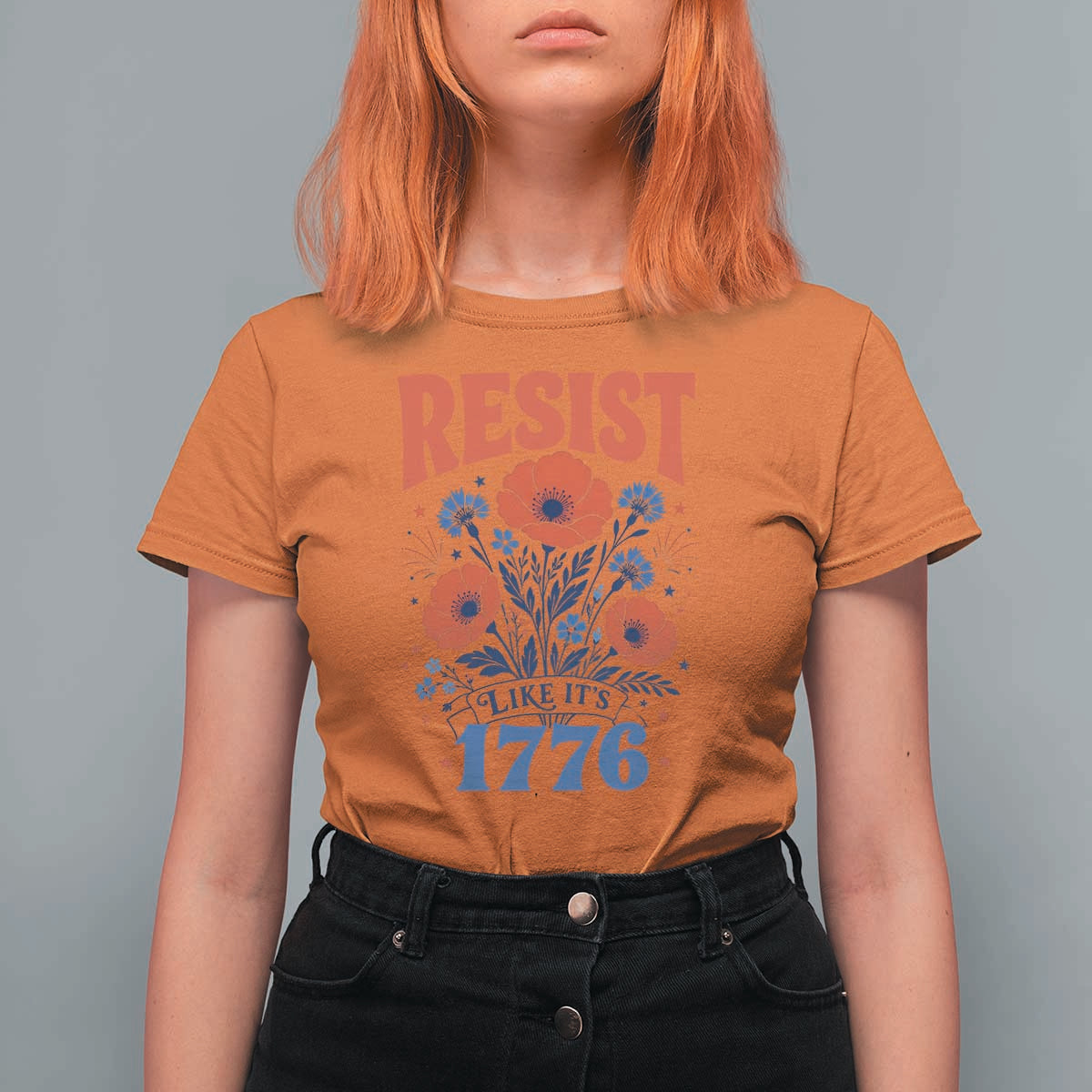 Resist Like Its 1776 Folk Art Floral Botanical Graphic T Shirt For Women Patriotic Statement Political Satire