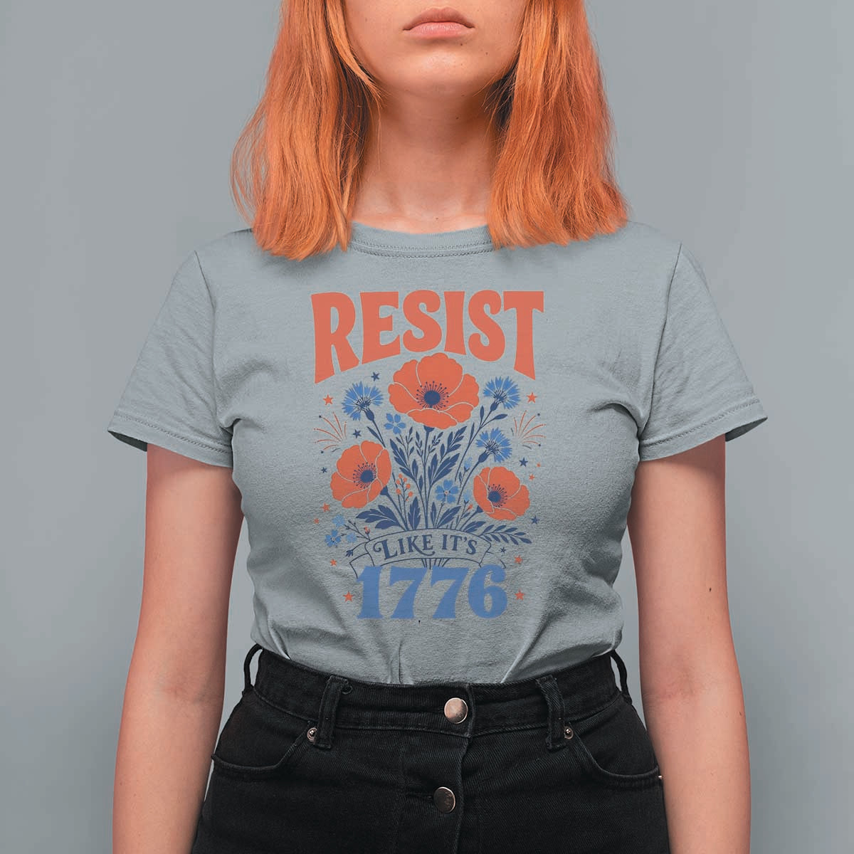 Resist Like Its 1776 Folk Art Floral Botanical Graphic T Shirt For Women Patriotic Statement Political Satire