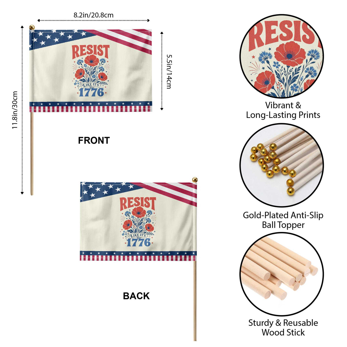 Resist Like Its 1776 Folk Art Floral Botanical Graphic Patriotic Handheld Flag Statement Political Satire