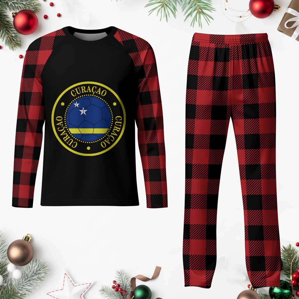 Curaçao Football Pride Circular Crest Vintage Plaid Pajama Set Curacao Flag Soccer Fans Graphic