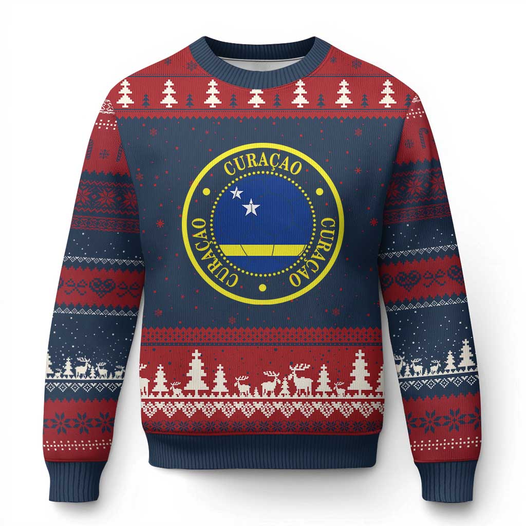 Curaçao Football Pride Circular Crest Vintage Ugly Christmas Sweater Curacao Flag Soccer Fans Graphic